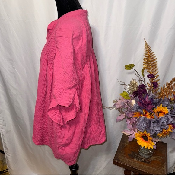 BIBI Pink Crinkle Gauze Button Front Boho Top Oversized Medium - Picture 2 of 8
